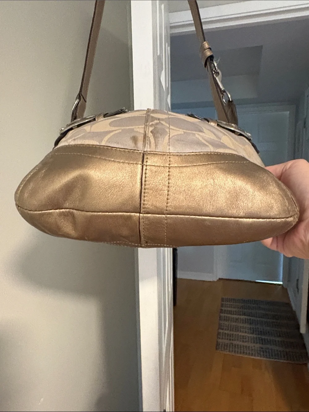 Coach Beige Signature Shoulder Bag with Buckle Accents and hang tag. - Picture 3 of 8